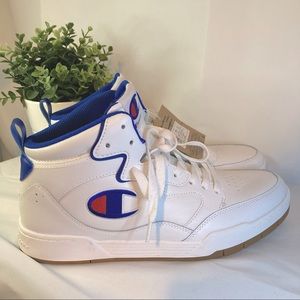 Champion White Court Hi Men's Sneakers with Royal Blue Details